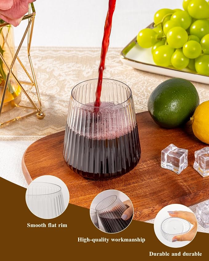 Goodluck 36 Pack 12oz Stemless Plastic Wine Glasses – Clear Ribbed Cups - Image 3