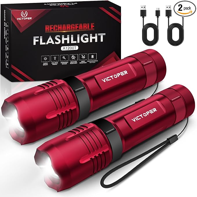 Victoper Red Rechargeabe Flashlight 2 Pack, High Lumens 5 Modes LED Bright by Victoper