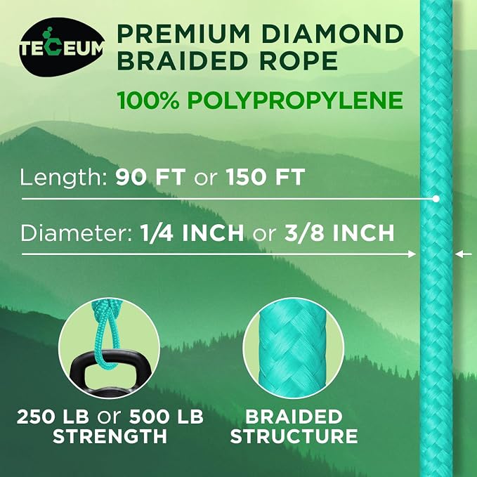 TECEUM Rope – 150 Feet x 1/4 Inch – Green Wave – Strong All-Purpose Utility - Image 2