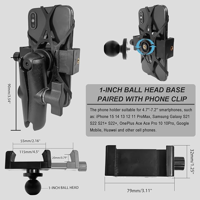 Phone Mount Holder with B Size 1" Ball Diamond Base & Double Socket Arm - Image 2