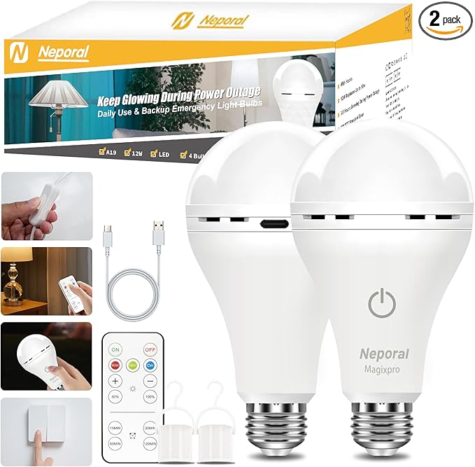 MagixPro Remote Rechargeable Light Bulbs, USB & Socket Charging, 1800mAh Battery by Neporal