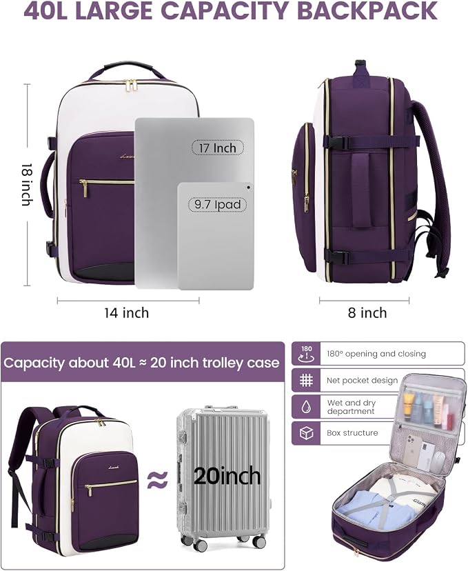 LOVEVOOK 40L Travel Backpack for Women & Men, Airline Approved Carry On Luggage - Image 4