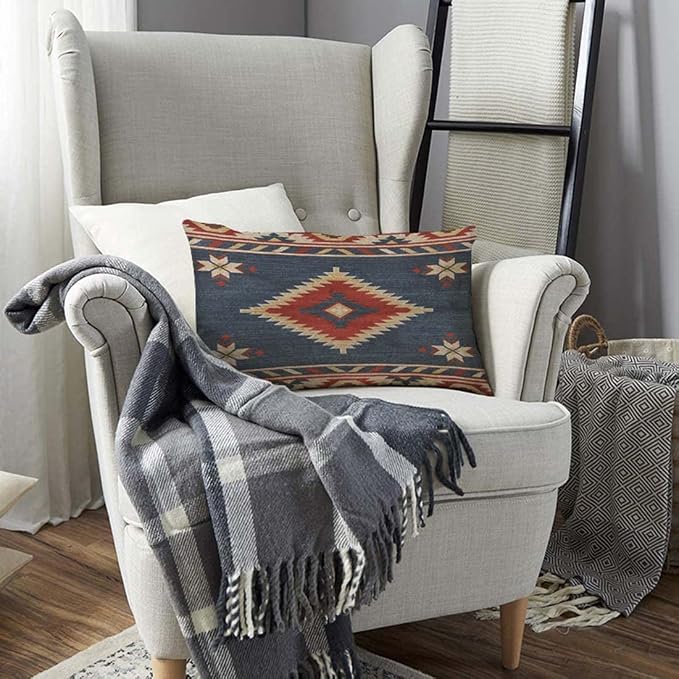 TKS MITLAN Southwest Diamond Blue Red Pillow Covers 12 x 20 Inch Indian Style - Image 3