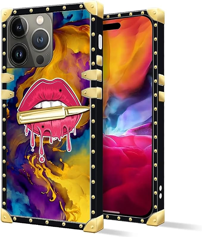 Compatible with iPhone 15 Pro Max Case, Cool Corlorful Lip Marble Luxury Golden - Image 2