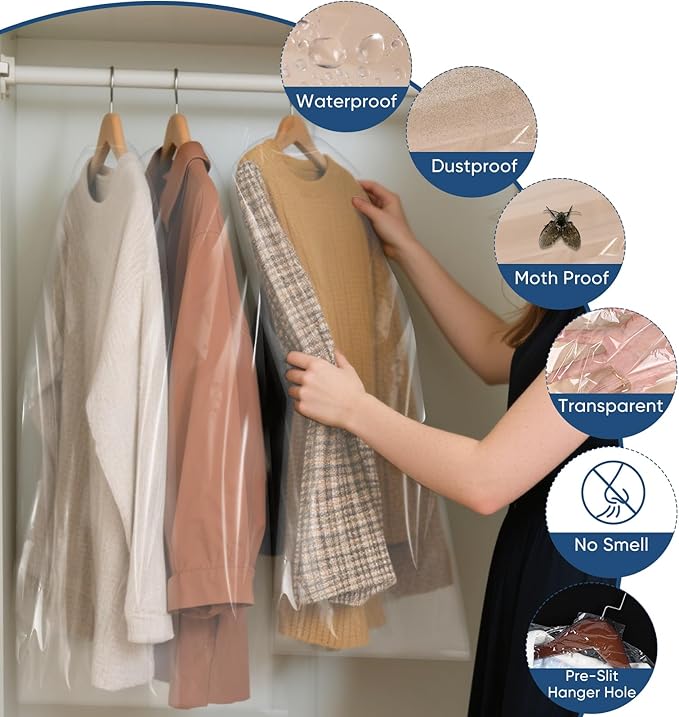 50 Pack 23.6"x55" Garment Bags for Hanging Clothes, Thick Clear Plastic Dry - Image 4