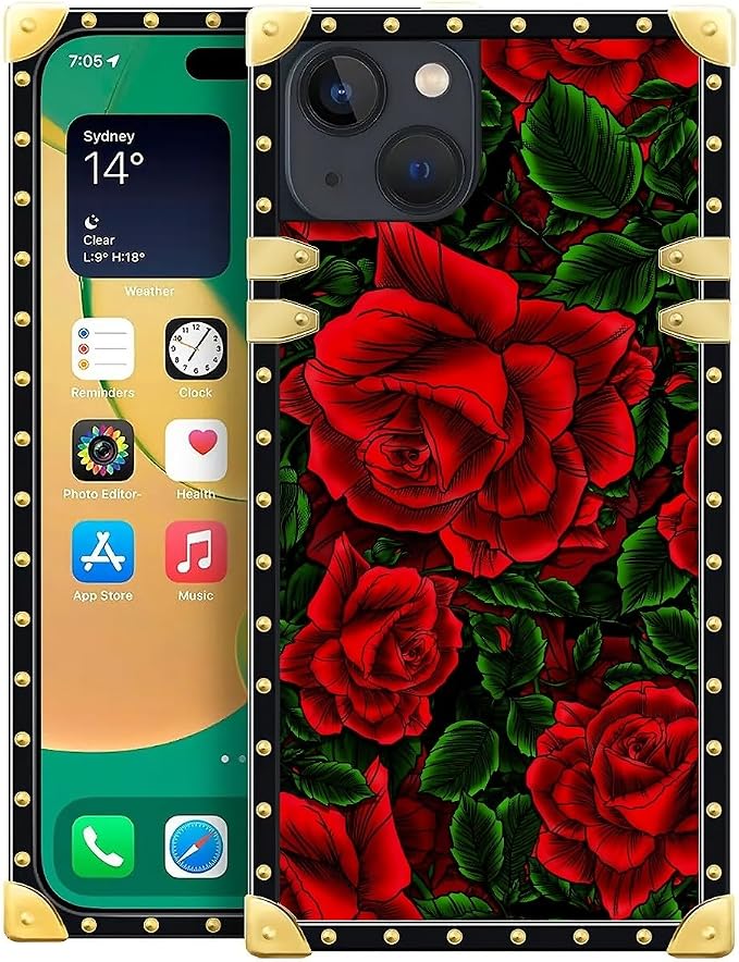 Compatible with iPhone 14 Case, Vector Red Rose Green Leaf Luxury Golden by Unknown