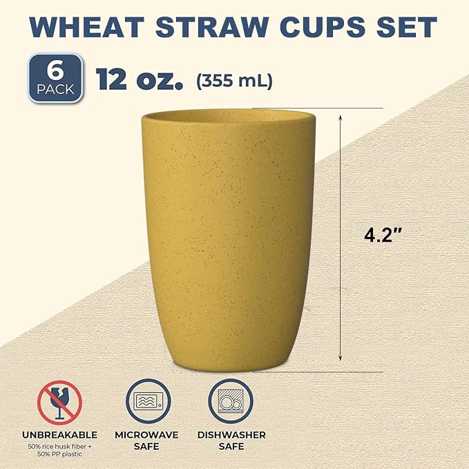 Wheat Straw Cups 6 PCS Good Alternative to Plastic Reusable Cups 12 oz - Image 2