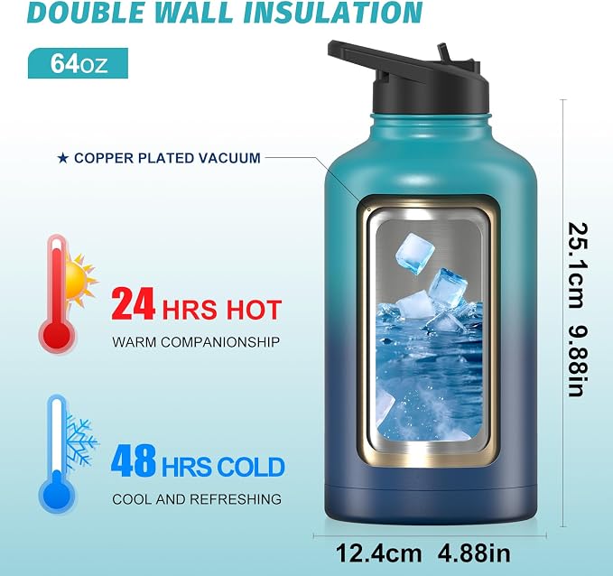 64oz Insulated Water Bottle, BPA Free&Leak Proof, Half Gallon Stainless Steel - Image 2