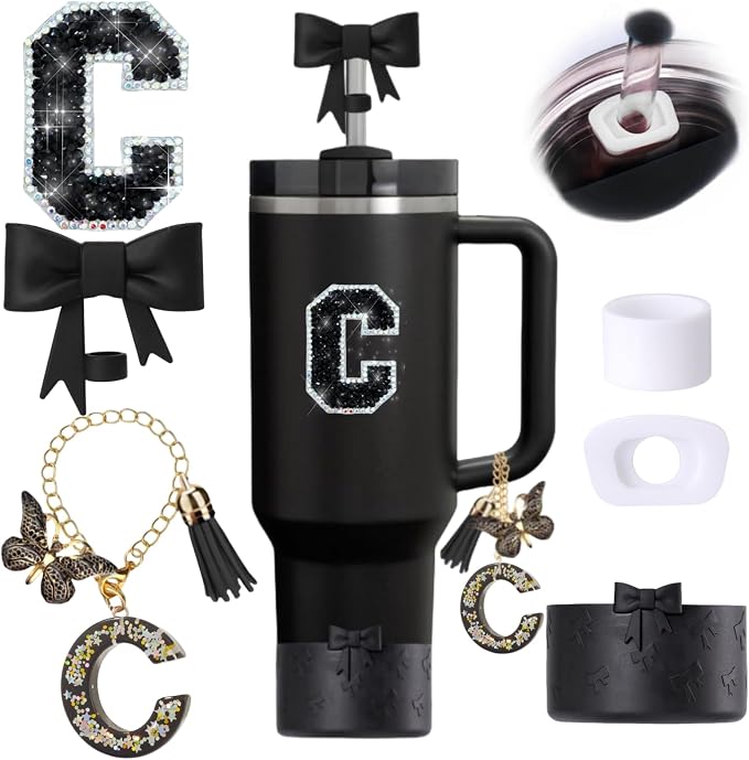 6pcs Black Stanley Cup Accessories Set, Bow Straw Topper by MOTEERLLU