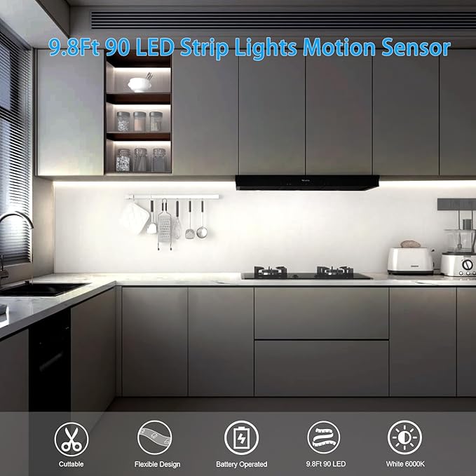 echosari Battery Operated Motion Sensor Cabinet Strip Lights, 9.8Ft 90 LED - Image 4