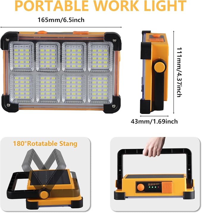 120W Solar Rechargeable Work Light, 144 LED 10000LM Portable Flood Light - Image 4