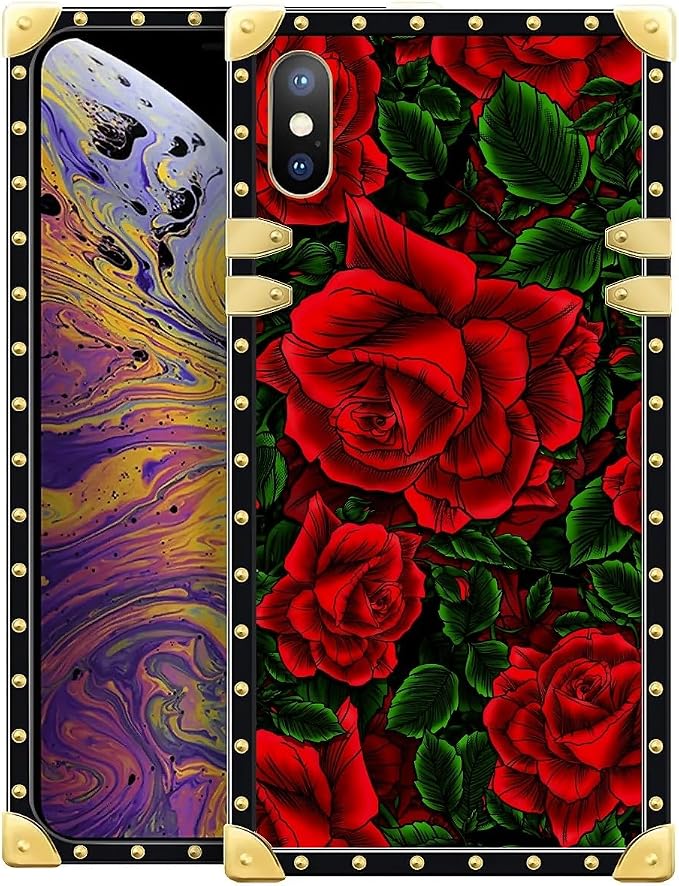 Compatible with iPhone XR Case, Vector Red Rose Green Leaf Luxury Golden by Unknown
