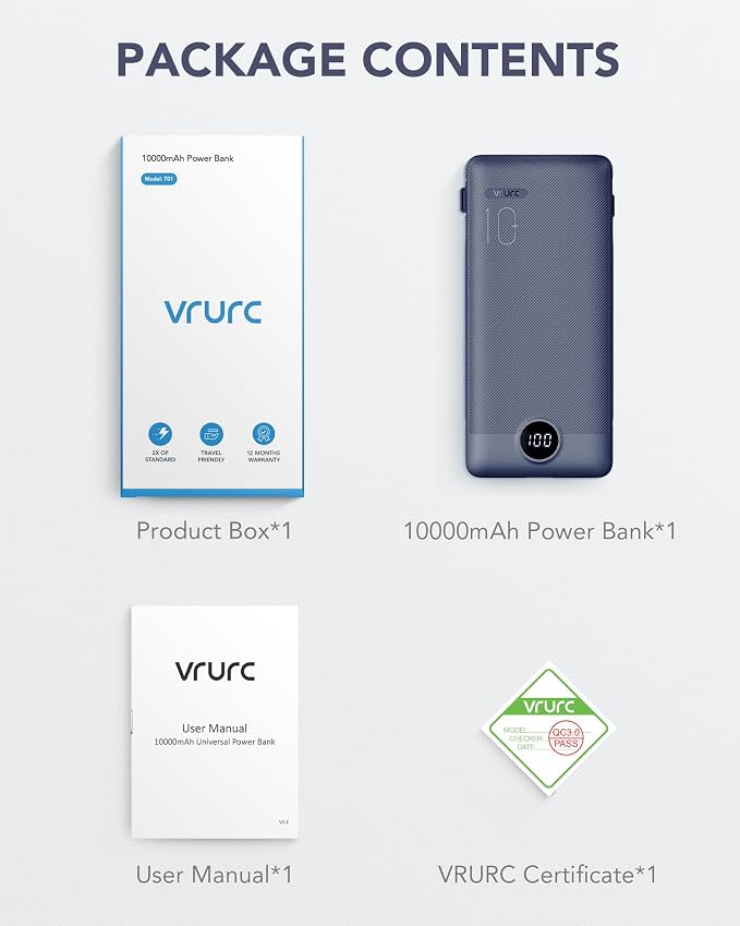 VRURC Portable Charger Built-in Cables and AC Wall Plug, USB C Power Bank - Image 7