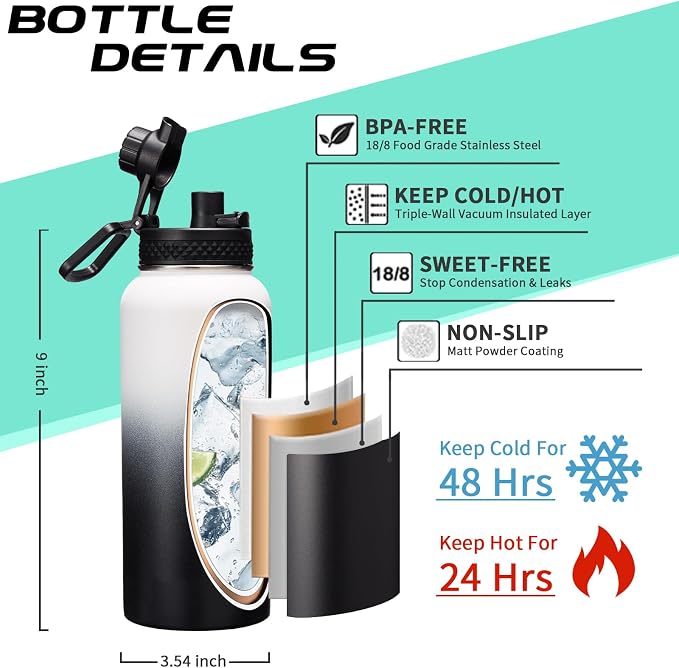 32OZ Water Bottle with Straw & Strap, BPA Free Insulated Water Bottle Keeps - Image 4