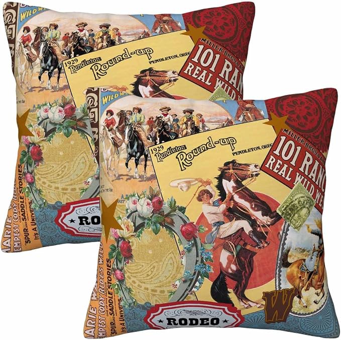 Cowgirls Wild West Pillow Covers 18 X 18 Far East Rodeo Round Up Win Ride Horse by Unknown