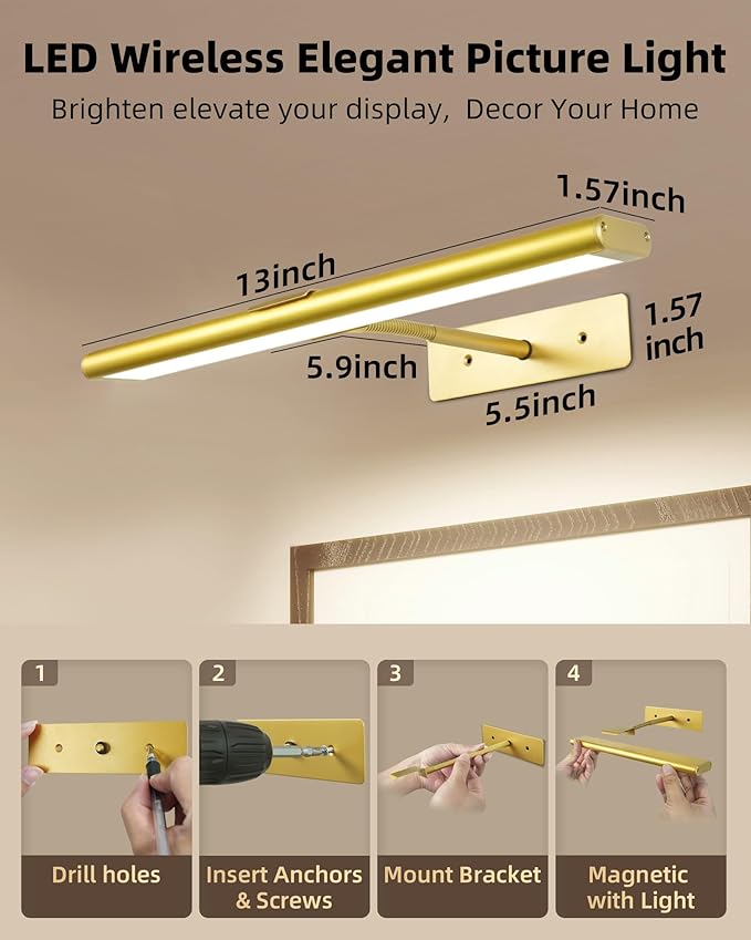EZVALO Picture Light for Wall, 4800mAh Rechargeable Wireless Remote, 13in - Image 5