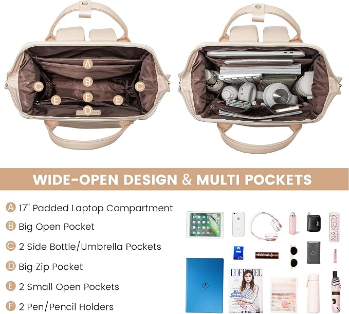 LOVEVOOK Leather Backpack for Women, 17 inch Laptop Backpack, Professional Work - Image 3