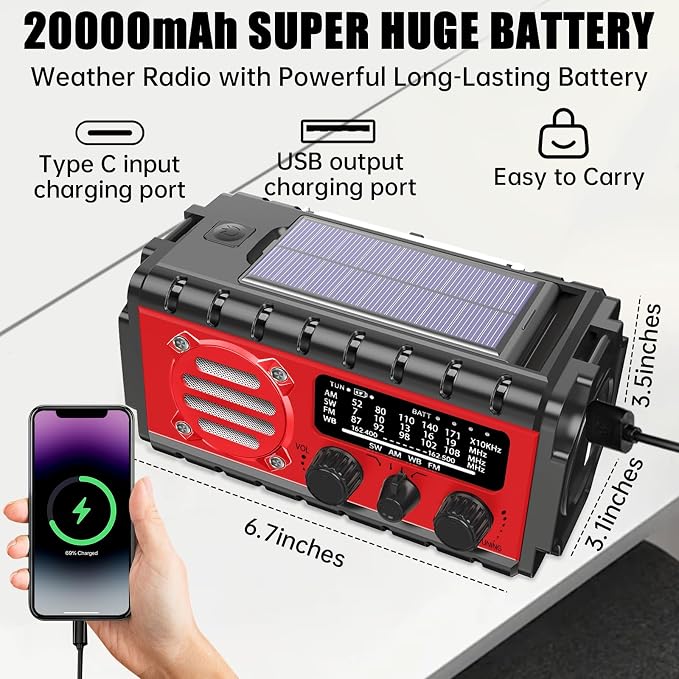 20000mah Emergency Radio, SW/NOAA/AM/FM Weather Radio, Solar Powered Hand Crank - Image 4