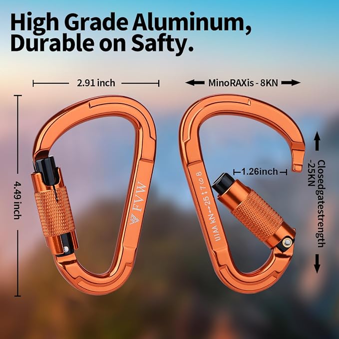 FVW Auto Locking Rock Climbing Carabiner Clips, Professional 25KN Heavy Duty - Image 2