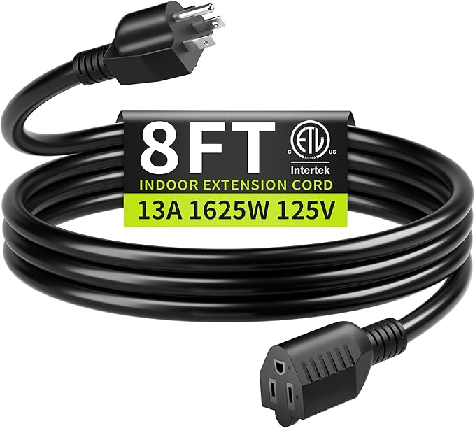 16/3 Black Extension Cord 8 FT, Indoor Extension Cord by Seeklyze