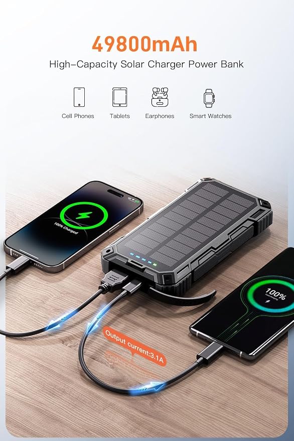 jskei Power Bank 49800mAh Solar Portable Charger Wireless Charging USB-C 15W - Image 4