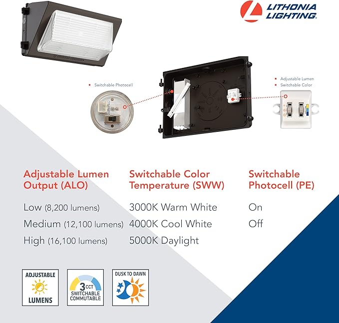 Lithonia Lighting 17" LED Wall Pack Outdoor Light Fixture, 3-Way Selectable CCT - Image 3