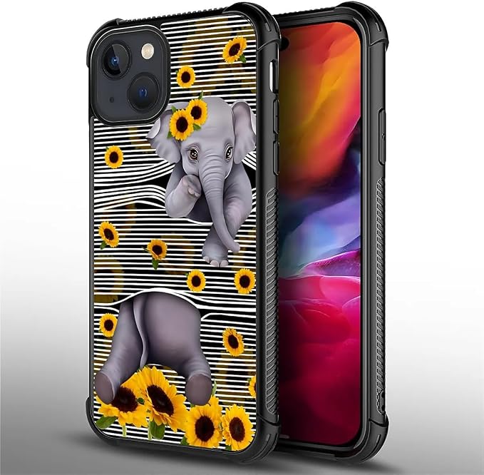 for iPhone 15 Case, Cute Little Elephant Sunflower White Line Art Pattern - Image 4