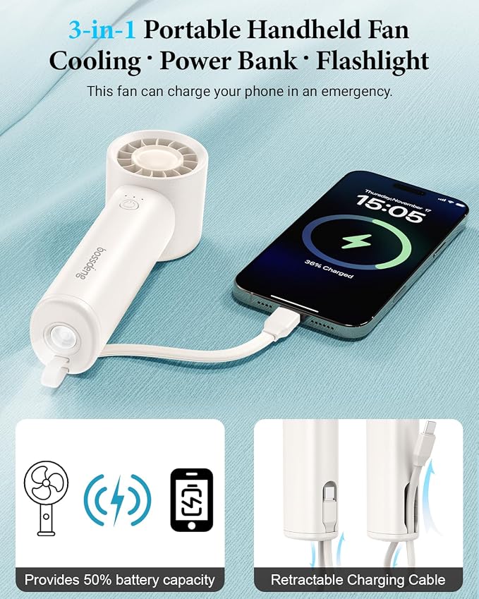 Portable Handheld Fan with Power Bank, 3 IN 1 USB Rechargeable Mini Personal - Image 3