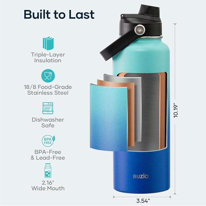 BUZIO Water Bottle Insulated 40oz, Triple Wall Vacuum Stainless Steel Flask - Image 4