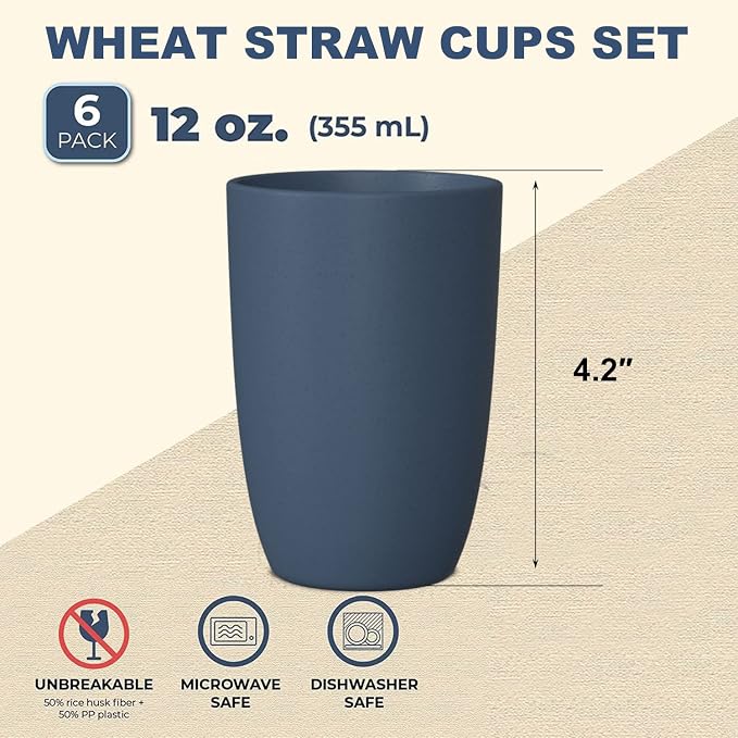 Wheat Straw Cups 6 PCS Good Alternative to Plastic Reusable Cups 12 oz - Image 2