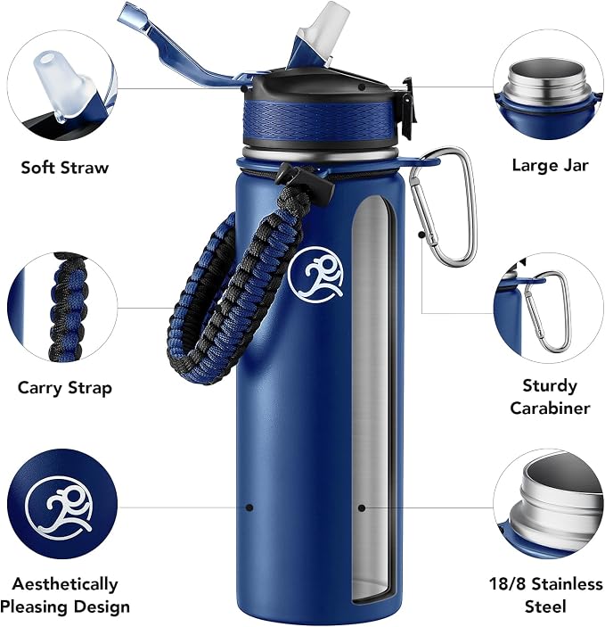 GOSWAG Insulated Sports Water Bottle, 24oz 2 Lids, Stainless Steel Water Bottles - Image 3
