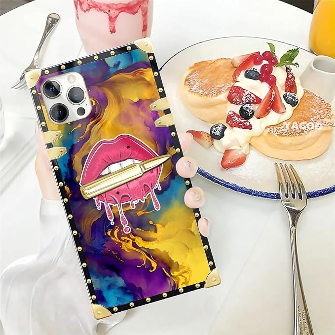 Compatible with iPhone 12 12 Pro Case, Cool Corlorful Lip Marble Luxury Golden - Image 5