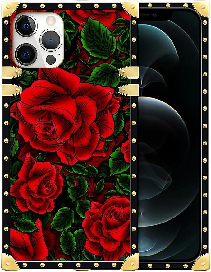 Compatible with iPhone 12 12 Pro Case, Vector Red Rose Green Leaf Luxury Golden by Unknown