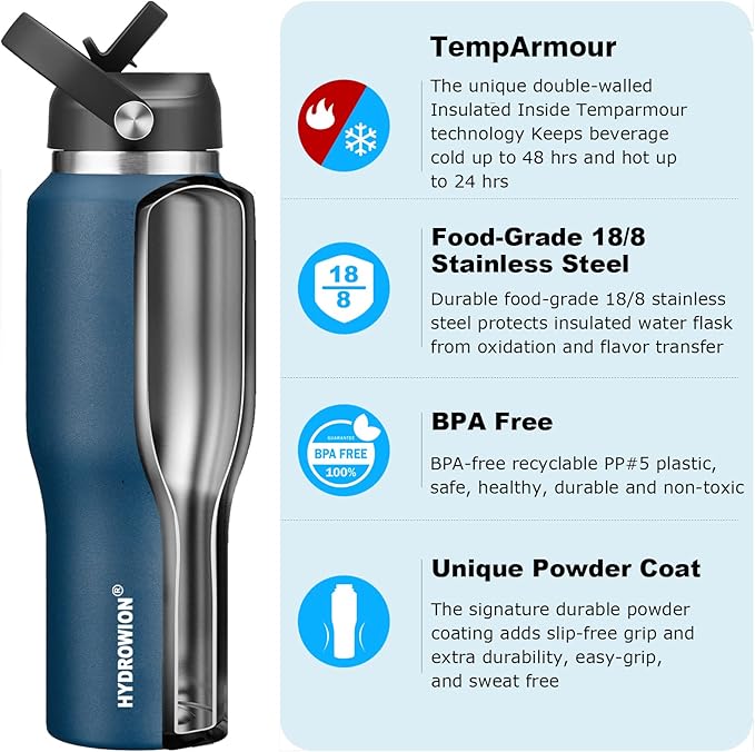 HYDROWION 32oz Stainless Steel Water Bottle, Double Wall Vacuum Insulated Water - Image 2