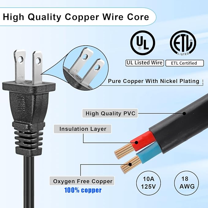 Black Extension Cord 10 Ft, 2 Prong Extension Cords US Flat and Thin - Image 3