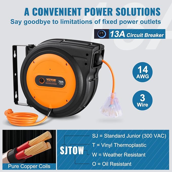 VEVOR Retractable Extension Cord Reel, 75 FT, Heavy Duty 14AWG/3C SJTOW - Image 4