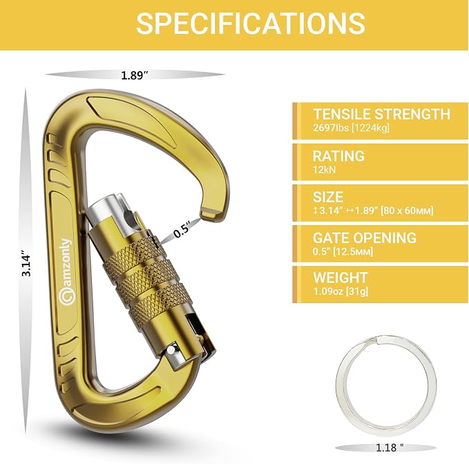 3inch Auto Locking Carabiner Clips Heavy Duty, 12KN /2697lbs Lightweight - Image 2