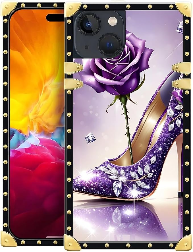 Compatible with iPhone 15 Case, High Heeled Purple Diamond Rose Luxury Golden by Unknown