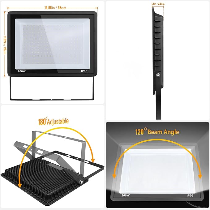 200W LED Flood Light Outdoor, IP66 Waterproof Outside Work Lights, 6500K - Image 3