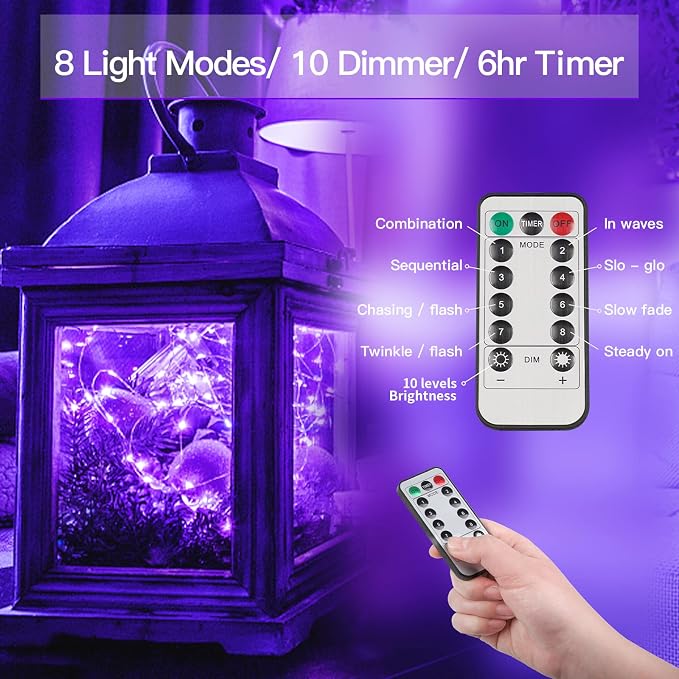 suddus Hallowee Purple Lights Battery Operated, 66ft 200 LED Twinkle Lights - Image 3