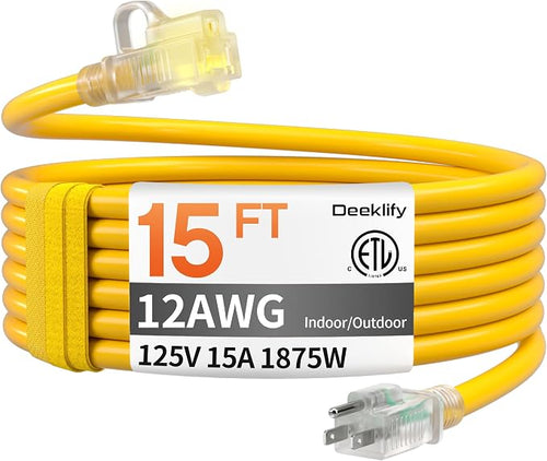 12AWG 15 FT Heavy Duty Outdoor Extension Cord Waterproof by Deeklify