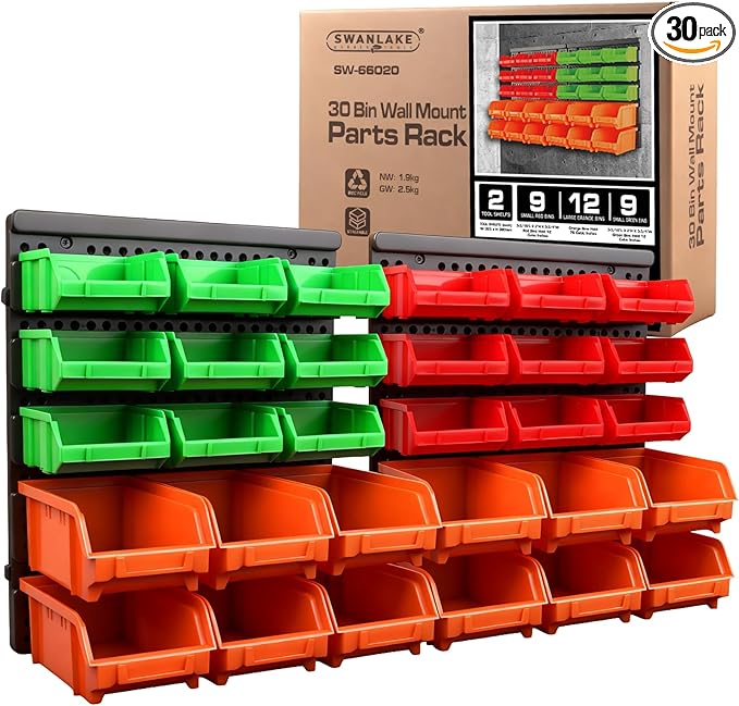 SWANLAKE GARDEN TOOLS 30-Bin Wall-Mounted Storage Bins, Heavy-Duty Garage Tool by SWANLAKETOOLS