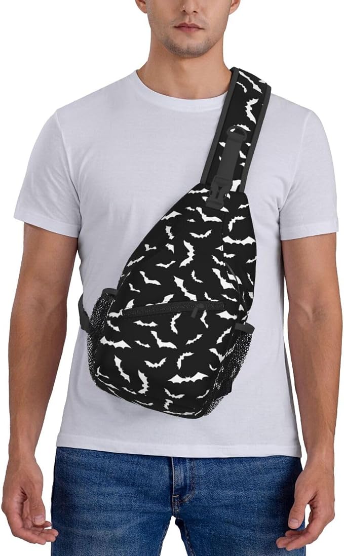 Bat Crossbody Sling Bags for Women Men White Flying Bats Silhouettes on Black - Image 6