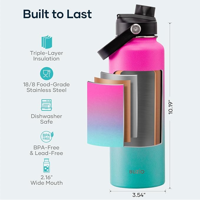 BUZIO Stainless Steel Water Bottle, 40oz Vacuum Insulated Double Wall Leak - Image 4