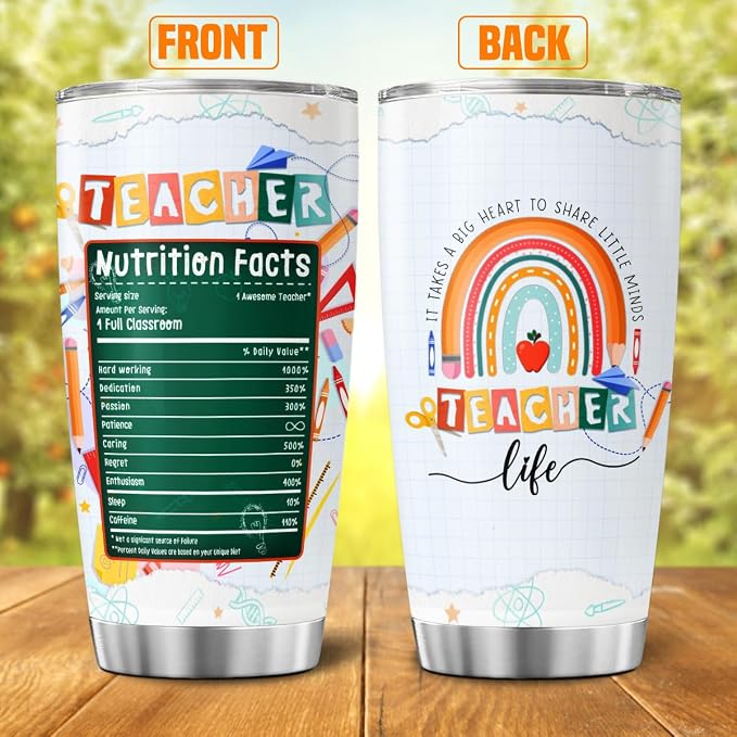 Teacher Appreciation Gift for Women, Cute Rainbow Design Stainless Steel Tumbler - Image 2