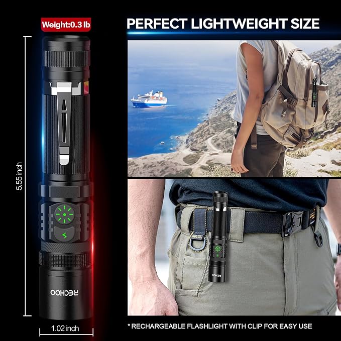 RECHOO Flashlight Rechargeable High Lumens, Dual Switch Rechargeable LED - Image 5