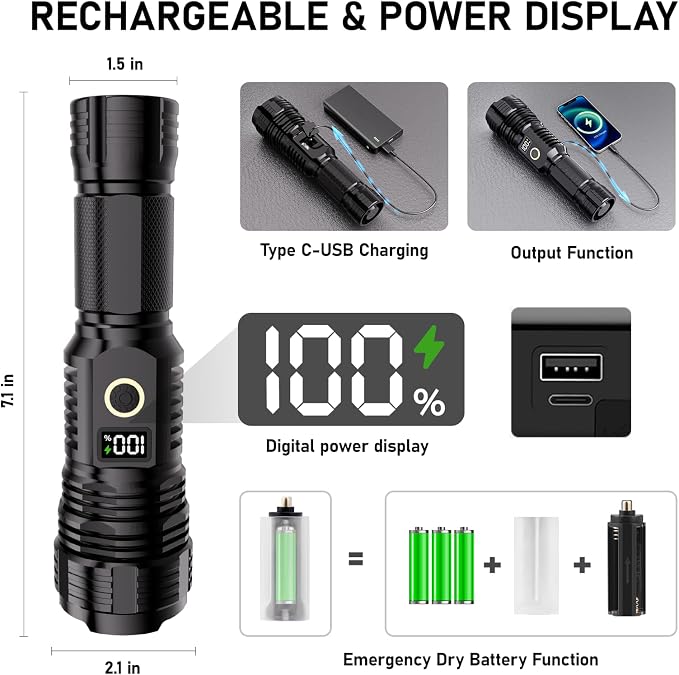 Flashlights High Lumens Rechargeable, 000LM LED Super Bright Flash Light - Image 3