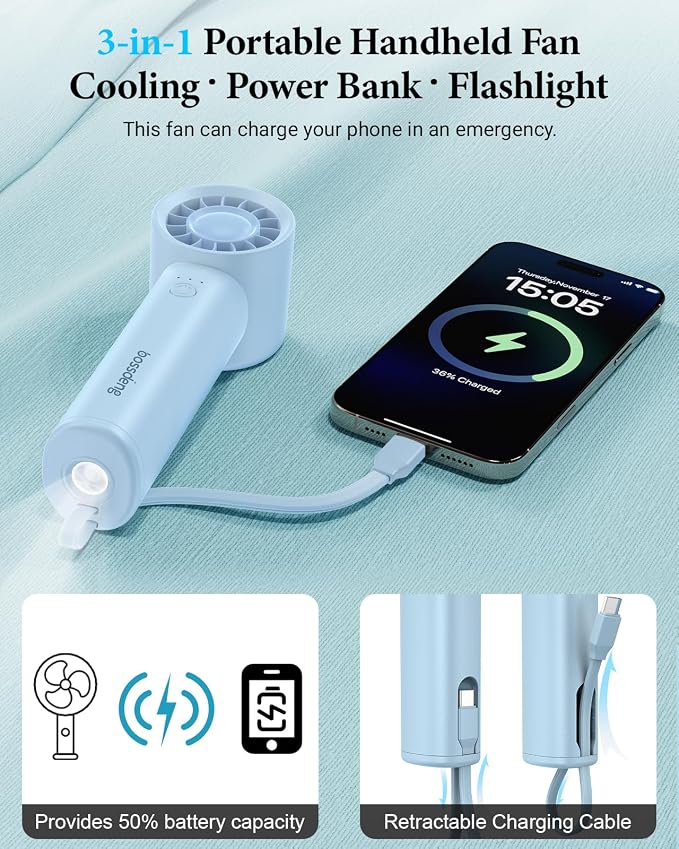 Portable Handheld Fan with Power Bank, 3 IN 1 USB Rechargeable Mini Personal - Image 3