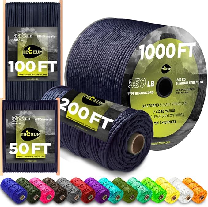 TECEUM 5/32" Paracord Rope 1000 – 1000ft / 200ft / 100ft / 50ft – Tactical by TECEUM