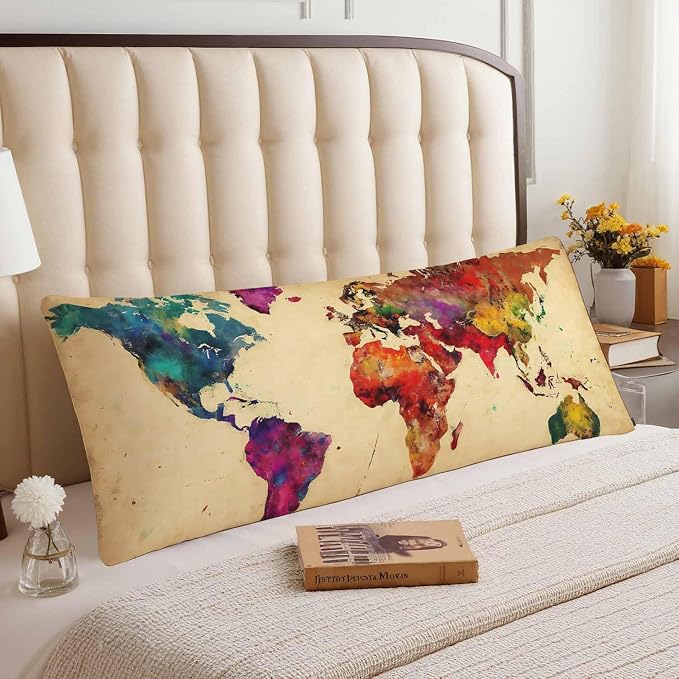World Map Body Pillow Pillowcase, Retro World Map Colorful Body Pillow Cushion - Image 3